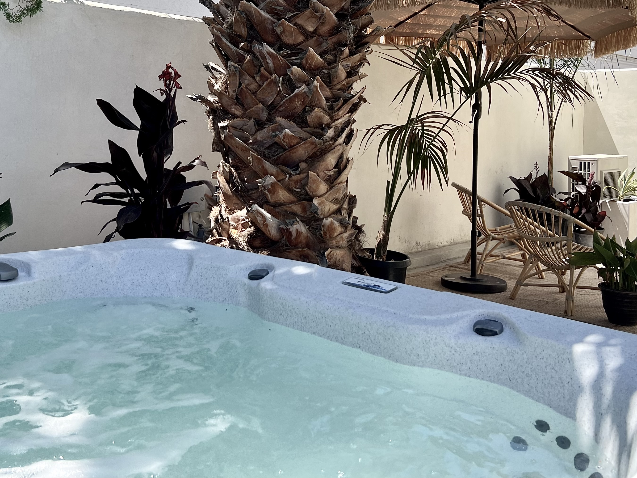 A close-up of a bubbling private hot tub on a sunny patio, surrounded by palm trees and tropical plants. Woven furniture and a raffia umbrella are visible in the background.