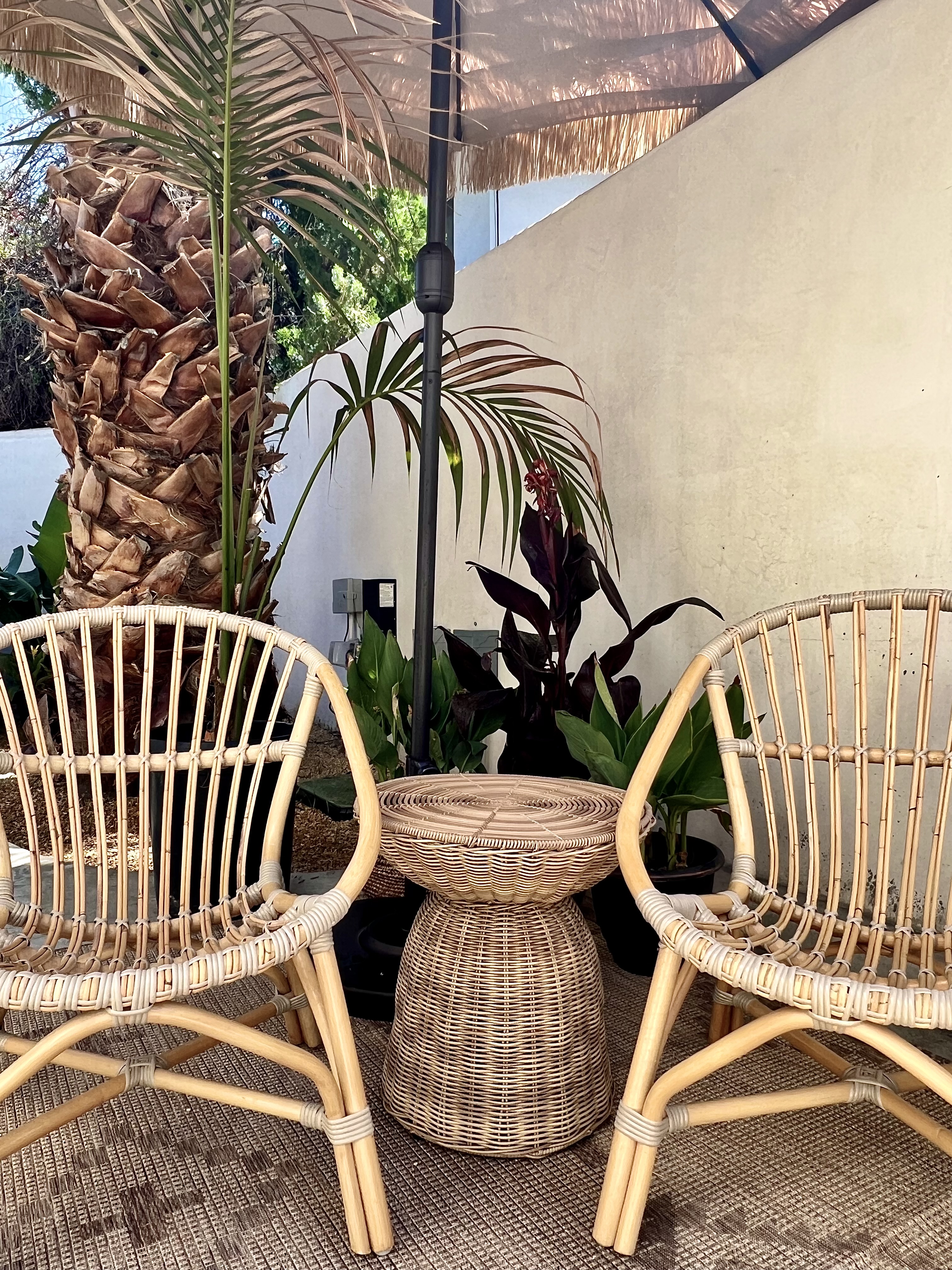Two light-toned rattan armchairs and a woven side table sit on a patio. The area is lushly decorated with palm trees and tropical plants, shaded by a fringed umbrella.