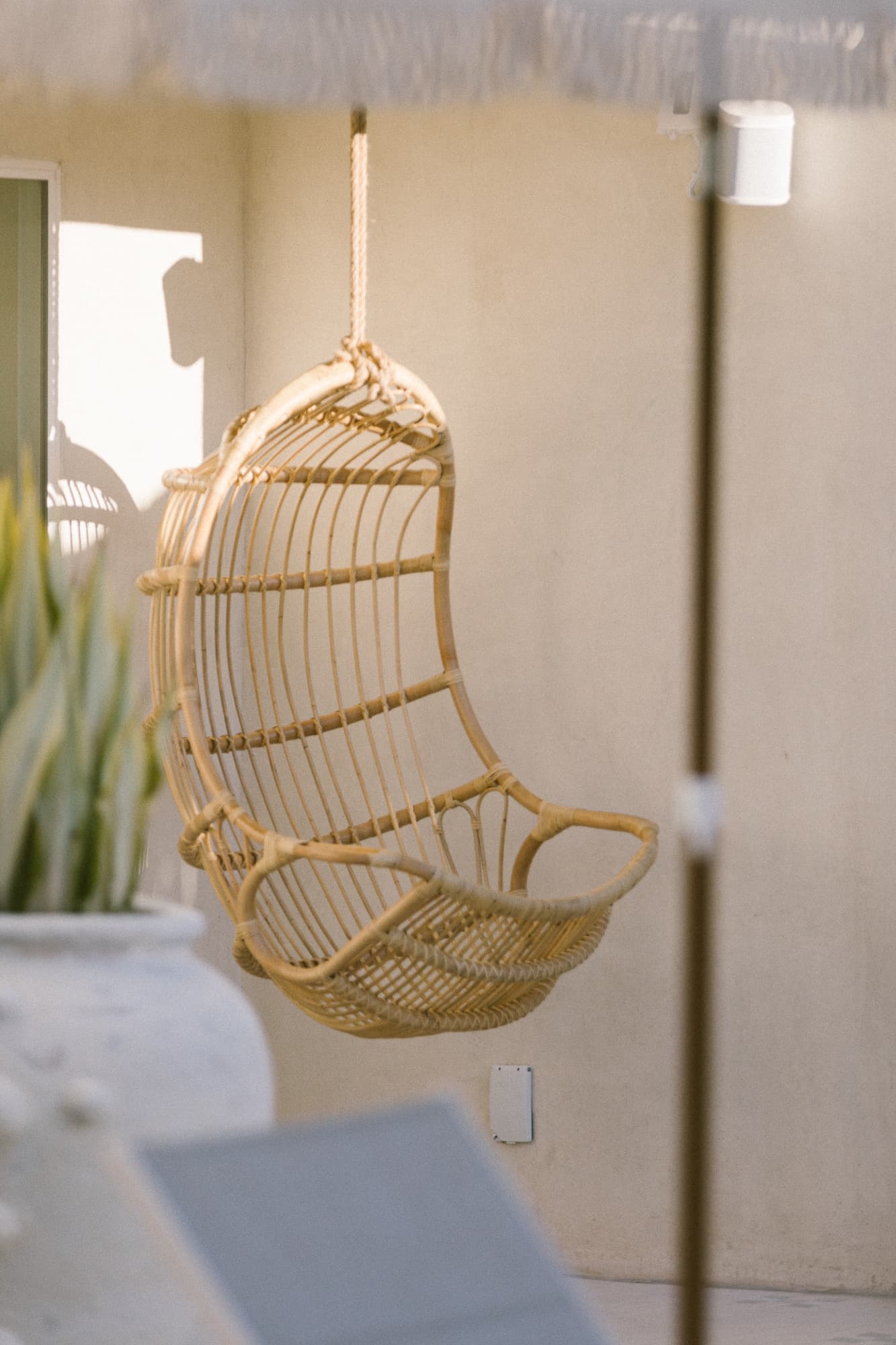 A close-up of a hanging rattan egg chair suspended from an outdoor umbrella structure on a sunny patio, next to a large white planter with tropical foliage.